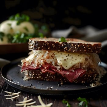 A close-up shot of a delicious Reuben sandwich with sauerkraut, Swiss cheese, and corned beef on rye bread.