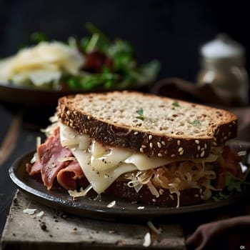A mouthwatering pastrami sandwich on rye bread with sauerkraut and Swiss cheese, captured in a close-up photo. The sandwich is perfectly composed, with the ingredients piled high.