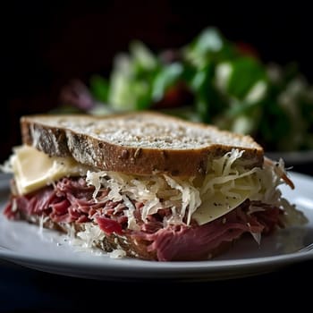 A close-up of a delicious pastrami sandwich on rye bread, featuring melted cheese, sauerkraut, and a savory filling.