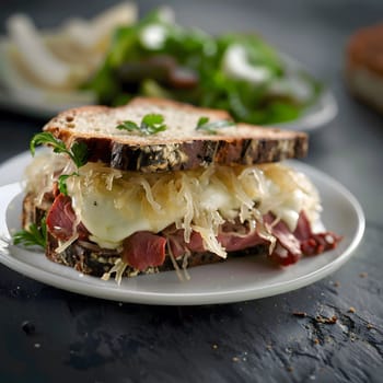 A close-up of a delicious pastrami sandwich with sauerkraut and swiss cheese, on a white plate against a dark background. The sandwich is piled high with meat, cheese, and sauerkraut, making it a hearty and satisfying meal.