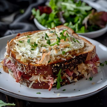 Closeup of a delicious Croque Monsieur sandwich with melted cheese, ham and a fried egg, served on a white plate.