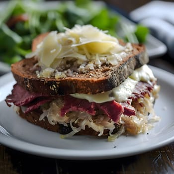 A close-up of a delicious pastrami sandwich with sauerkraut and swiss cheese. The sandwich is on a white plate with a few greens in the background.
