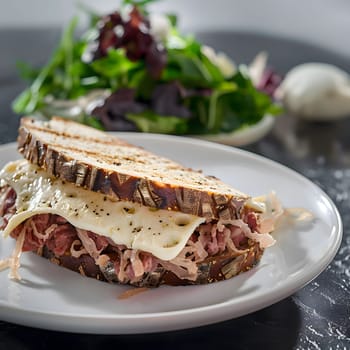 A close-up shot of a delicious grilled cheese sandwich with sauerkraut on a white plate.