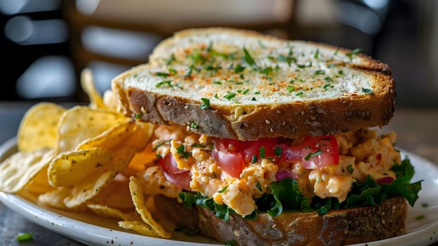 A close-up photo of a pimento cheese sandwich with chips. The sandwich is on a white plate and is made with white bread, pimento cheese, tomatoes, lettuce, and red onions. The chips are golden brown and are arranged around the sandwich. The food looks delicious and appealing.