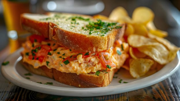 A close-up shot of a pimento cheese sandwich with potato chips on a white plate. The sandwich is made with white bread, pimento cheese, tomatoes, and chives. The chips are crispy and golden brown.