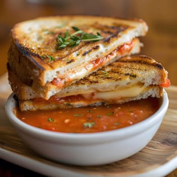 A delicious grilled cheese sandwich with tomato soup, a classic comfort food combo.