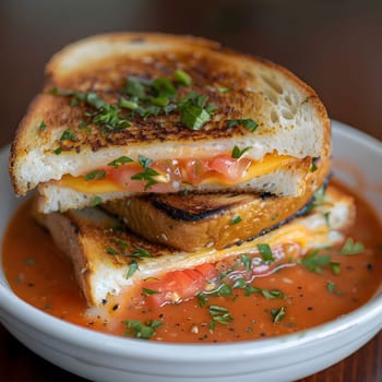 A close-up of a grilled cheese sandwich with tomato soup. The sandwich is golden brown and crispy on the outside, with melted cheese and tomato inside. The soup is a vibrant red color and is steaming hot. The image is a classic representation of a comforting and delicious meal.