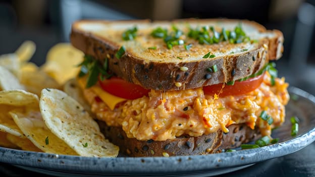 Close up of a toasted pimento cheese sandwich with fresh tomato and chips on the side.