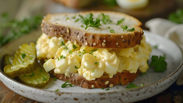 A classic egg salad sandwich on a multigrain bread with pickles on the side.