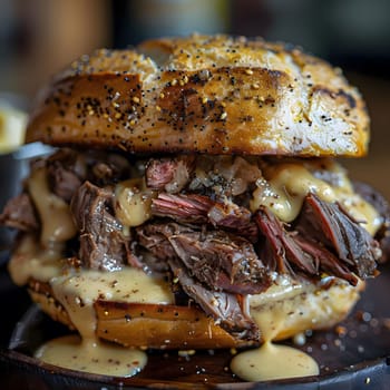 A close-up shot of a juicy beef sandwich with a layer of mustard sauce, showcasing the delicious and savory flavors. The toasted bread adds a crispy texture, while the juicy meat and flavorful sauce create a satisfying meal.