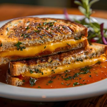 A close-up of a delicious grilled cheese sandwich with melted cheese, tomato sauce and herbs on a white plate.