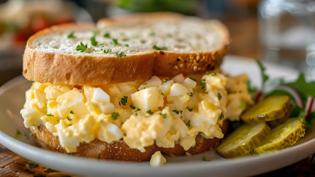 A close-up of a delicious egg salad sandwich with pickles on a white plate. The sandwich is made with fresh ingredients and looks very appetizing.