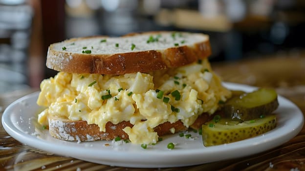 A classic egg salad sandwich with pickles on a white plate. The sandwich is made with sliced bread, egg salad, and chives.