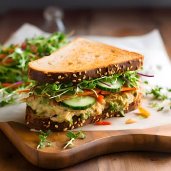 A delicious and healthy sandwich filled with fresh vegetables and topped with sesame seeds.