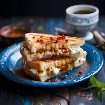 A close-up shot of a grilled cheese sandwich with a spicy sauce and red pepper on a blue plate, showing the melty cheese and crispy bread.