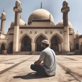 A man sits in prayer in front of a grand mosque, seeking spiritual guidance and peace within the sacred space.