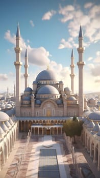 An aerial view of a beautiful mosque with intricate details and towering minarets.