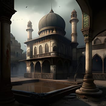 A grand mosque with intricate details, capturing the essence of Islamic architecture and faith.