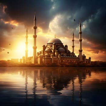 A majestic mosque stands tall against a vibrant sunset sky, its reflection shimmering in the tranquil water below.
