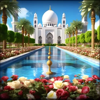 A majestic white mosque with ornate details reflected in a serene pool of water.