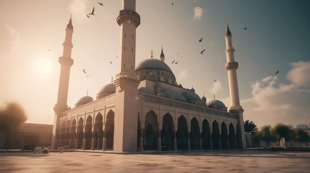 A magnificent mosque stands tall against a backdrop of a golden sunset. The intricate details of its architecture are highlighted by the warm light, creating a serene and awe-inspiring scene.