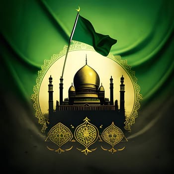 A depiction of a mosque with a green flag waving in the wind.