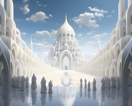 A digitally created depiction of an impossible city, constructed entirely in white, with people standing in front of its imposing structure.