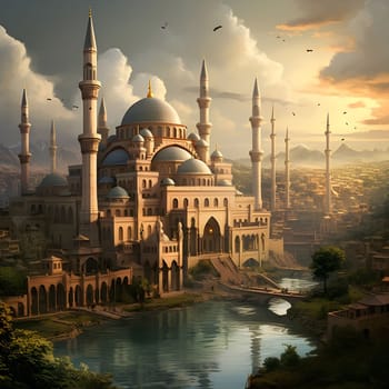 A majestic mosque stands tall against a backdrop of a sprawling city and a serene river.