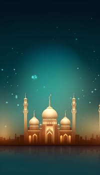 A beautiful illustration of a mosque at night with a sparkling sky. The mosque is illuminated with golden light and its reflection is visible in the water.