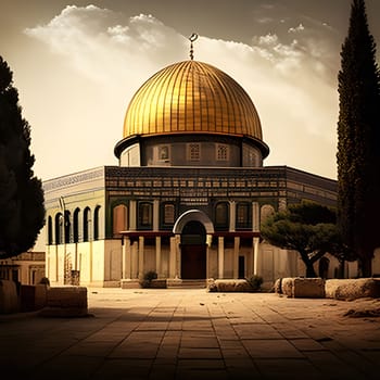 A view of the Dome of the Rock in Jerusalem, a significant Islamic holy site, with its iconic golden dome and intricate architecture.