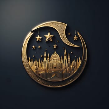 A golden crescent moon with stars surrounds a detailed cityscape silhouette against a dark background.