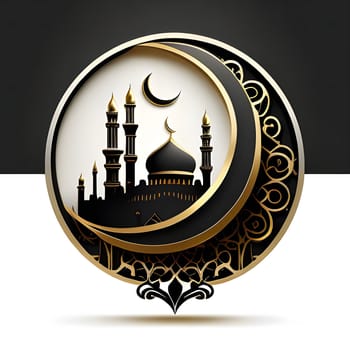 A mosque illustration with a crescent moon, symbolizing Islam and Ramadan.