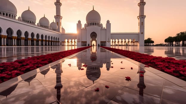 A stunning view of the Sheikh Zayed Grand Mosque in Abu Dhabi, United Arab Emirates, during a vibrant sunset. The mosque's white marble exterior and intricate details are beautifully reflected in the water, creating a serene and inspiring image.