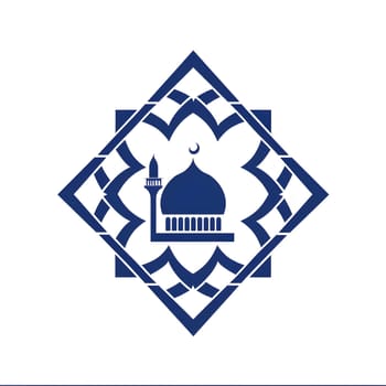A symbolic representation of a mosque, featuring a blue mosque with a dome and minaret, surrounded by a decorative blue geometric pattern, on a white background.