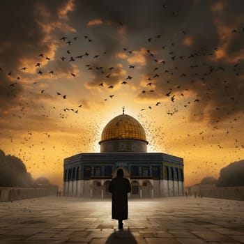 A man stands in silhouette, facing the Dome of the Rock mosque in Jerusalem during a beautiful sunset, a powerful image of faith and spirituality.