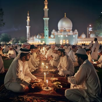 A group of men in traditional white garments are gathered outside a mosque, enjoying a meal together in the warm glow of candlelight. The men are all smiling and laughing, sharing stories and enjoying each other's company.