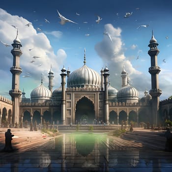 A grand mosque with intricate details and a reflecting pool in front. Birds fly overhead against a cloudy blue sky. The image captures the architectural beauty and religious significance of a mosque.
