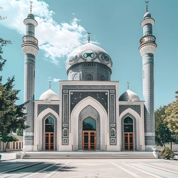 A majestic mosque with intricate details and a beautiful blue and white color scheme under a sunny sky.