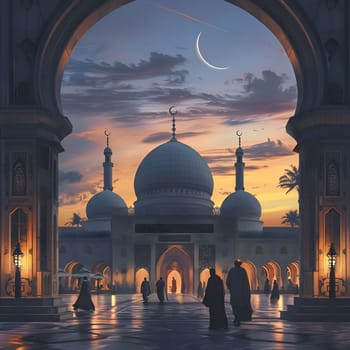 A stunning illustration of a mosque at dusk, showcasing its intricate details and peaceful atmosphere.