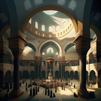 A magnificent mosque interior with sunlight streaming through the domes, showcasing intricate architecture and a gathering of people in prayer.
