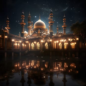 A beautiful mosque illuminated at night with a reflection in the water