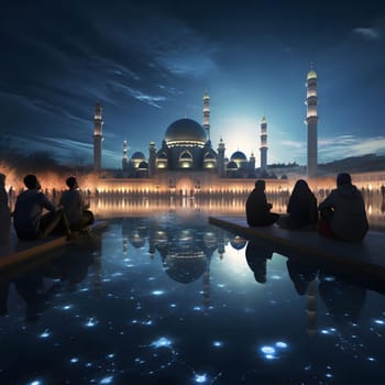 A night view of a mosque with its reflection in the water, people sitting in front of it.