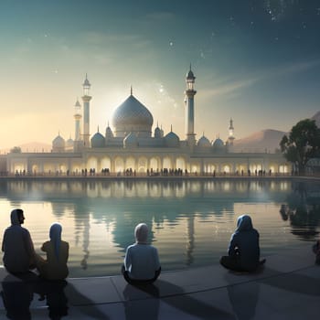 A group of people stand near a tranquil pond reflecting the beautiful white mosque in the evening light.