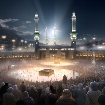 A majestic view of the Kaaba in Mecca, Saudi Arabia during the Hajj pilgrimage. The sacred structure is surrounded by a massive crowd of Muslim pilgrims performing the Tawaf, circumambulating the Kaaba.