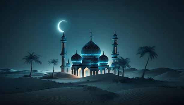 A majestic mosque stands illuminated in the vast desert under a star-studded night sky. The crescent moon shines brightly, casting a soft glow on the sand dunes.