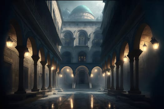 A nighttime view of a courtyard with columns and arches, creating a mysterious atmosphere.