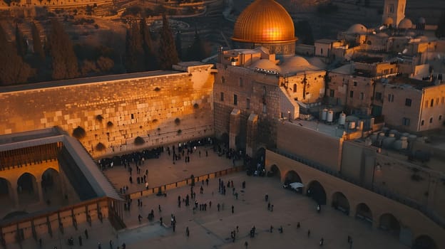 An aerial view of the Western Wall and Dome of the Rock in Jerusalem. The Western Wall is a sacred site for Judaism, while the Dome of the Rock is a mosque and an important Islamic landmark.