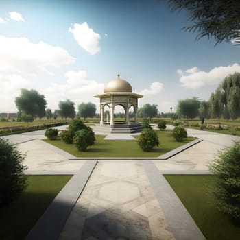 A beautifully designed gazebo stands in the center of a well-maintained garden. The pathway leads to the gazebo, inviting visitors to relax and enjoy the tranquility of the space.