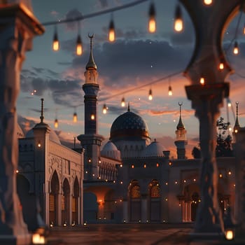 An image of a mosque with lit up lights at night, the mosque is a beautiful example of Islamic architecture. The sky is a beautiful twilight color, and the lights illuminate the mosque beautifully.