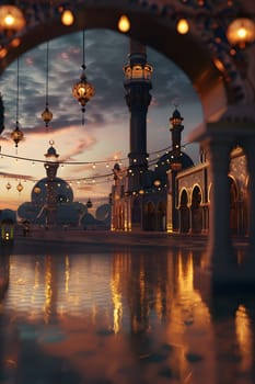 A grand mosque illuminated by the warm light of the setting sun, with reflections shimmering in the water.